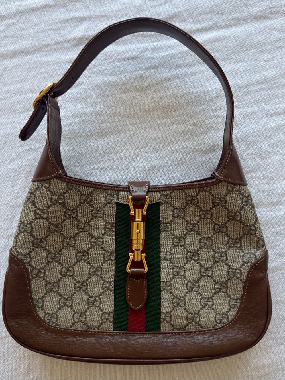 Gucci Brown GG Canvas Shoulder Bag with Green-Red Web Stripe